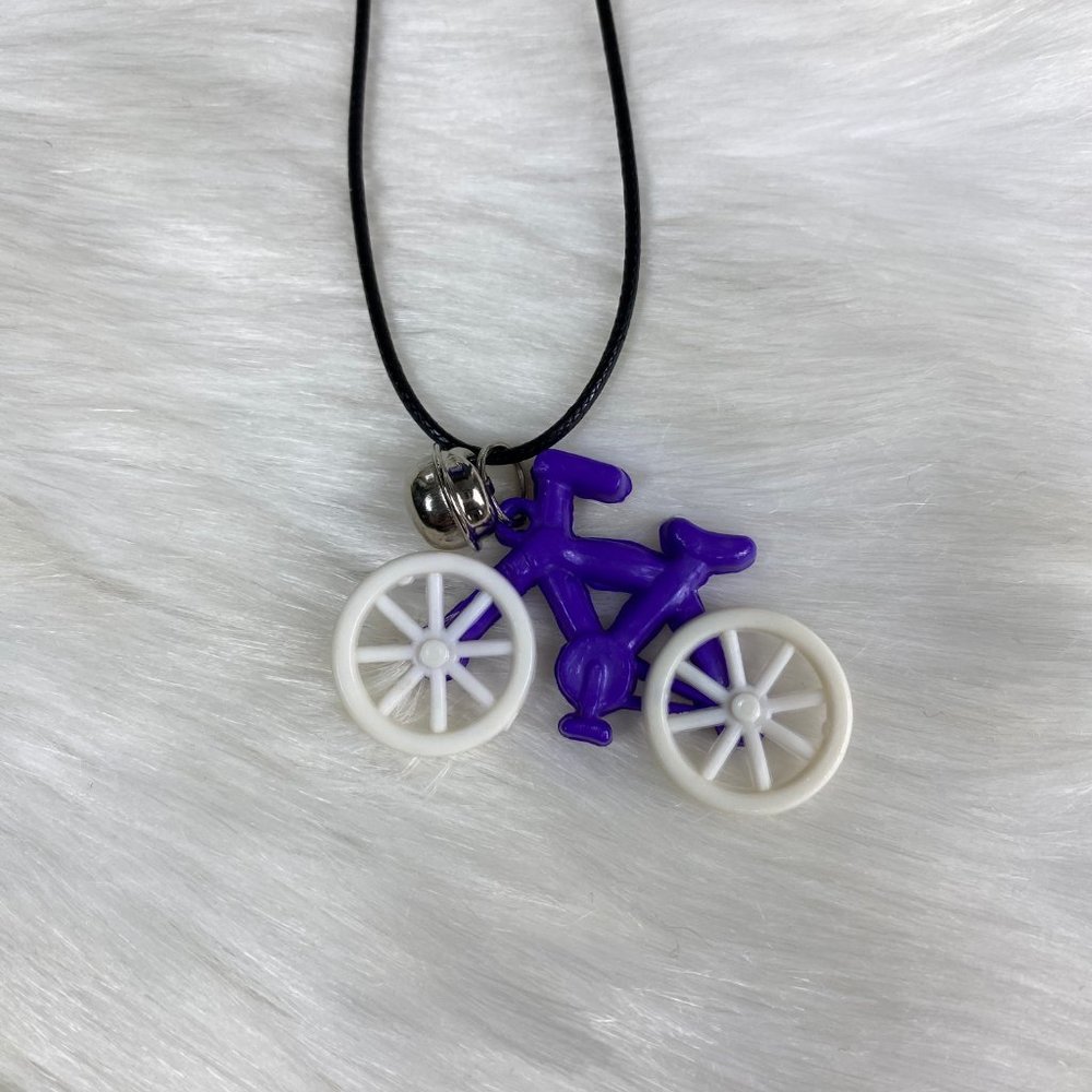 Vintage 80s Plastic Bell Charm Purple Bicycle Necklace